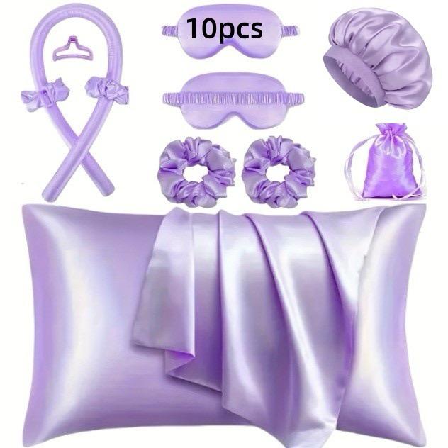 10-Piece Satin Hair & Sleep Accessories Set – Bonnet, Pillowcase, Heatless Curling Rod, Eye Mask & Scrunchies