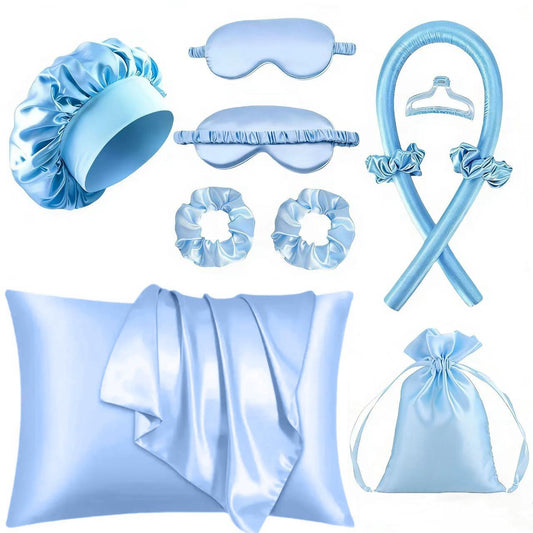 10-Piece Satin Hair & Sleep Accessories Set – Bonnet, Pillowcase, Heatless Curling Rod, Eye Mask & Scrunchies